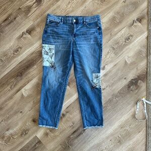 White House Black Market Blue Cropped Jeans with Floral Patchwork